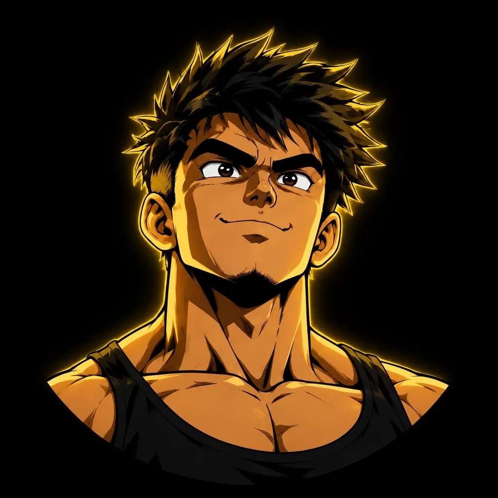 Anime avatar of a male athlete with spiky dark hair and a determined look