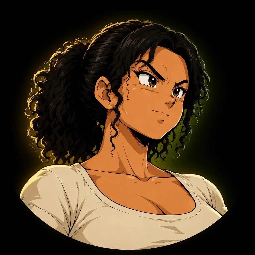 Anime avatar of a confident new mum with curly dark hair
