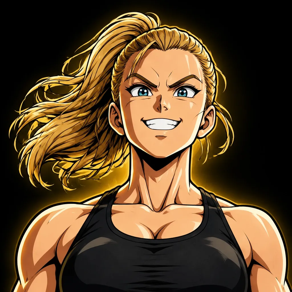 Anime avatar of a blonde female runner smiling confidently