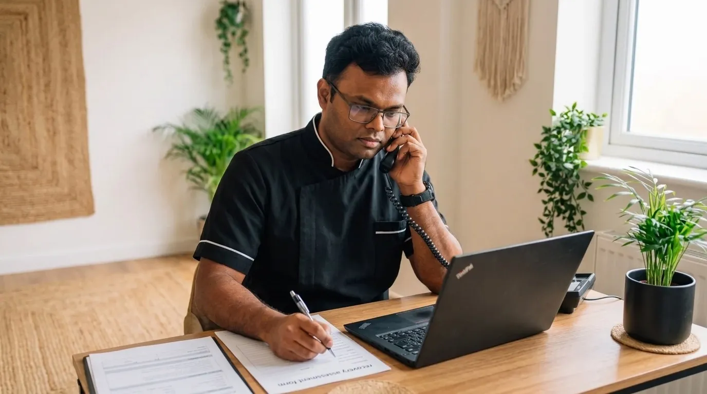 Wing listens closely on a client call while reviewing notes, paperwork and a laptop