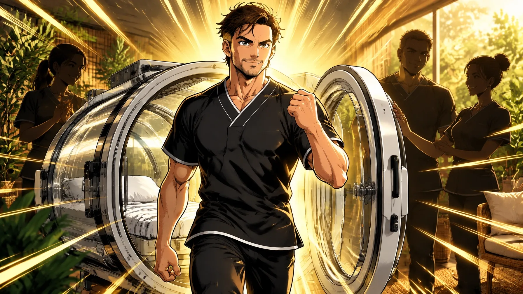 Anime-style athlete steps victoriously from a glowing hyperbaric recovery chamber