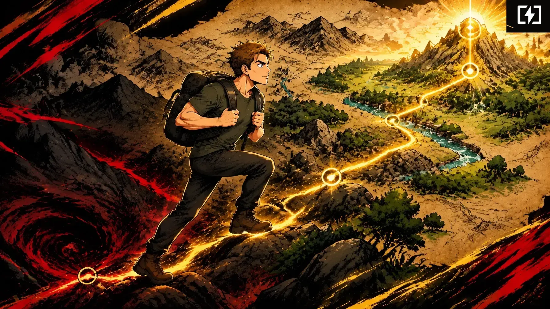 A traveller follows a golden route from shadowed mountains toward a bright valley