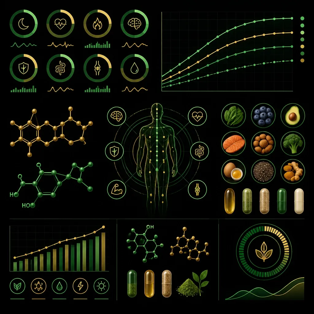Scientific nutrition and recovery chart with biomarkers, nutrients and supplement data