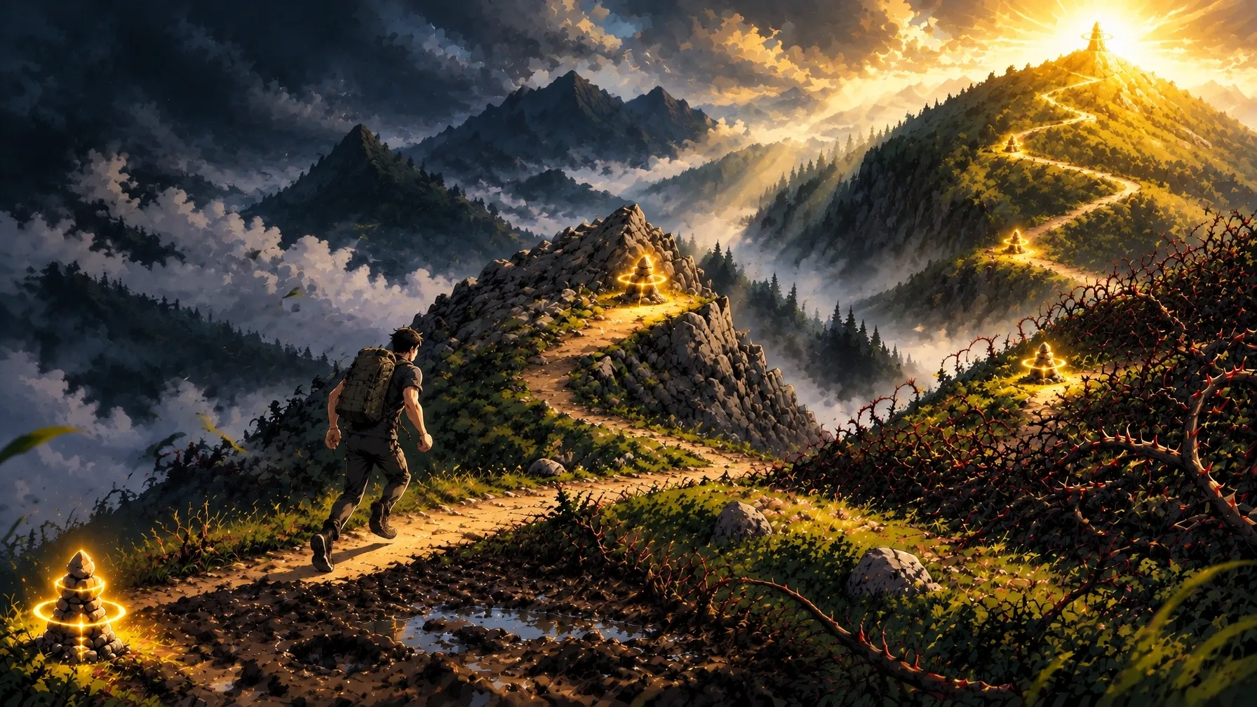 A determined pilgrim climbs a winding mountain path through obstacles and glowing checkpoints toward a dramatic sunrise summit