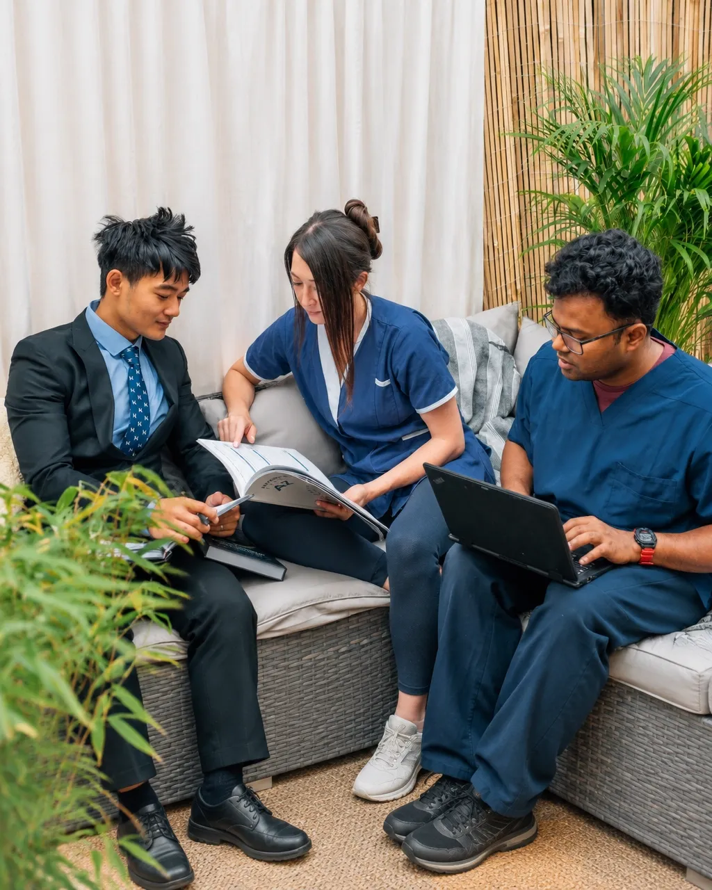 The Hope House team of three sits together reviewing a recovery report